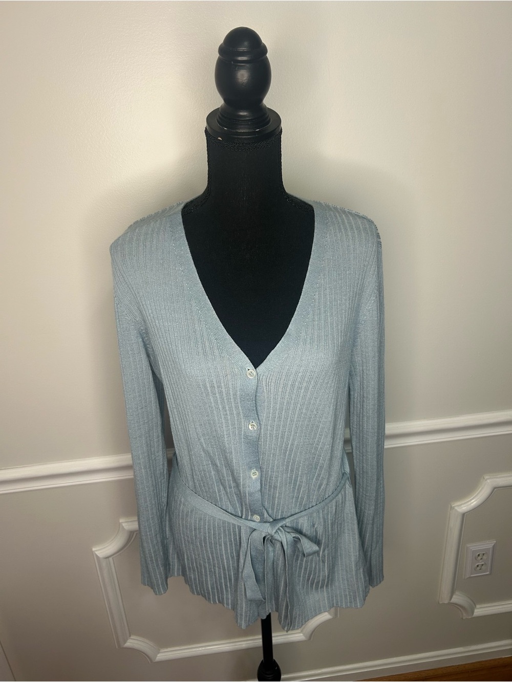 Liz Claiborne Light Blue Ribbed Button-Front Cardigan with Waist Tie